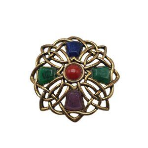 Vintage Sol D'or Celtic Knot Brooch With Multicolor Stones Gold Tone Pin